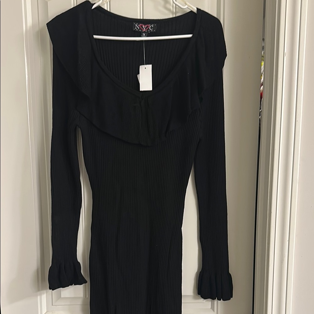 Black Ribbed Long Sleeve Dress with Ruffle Details